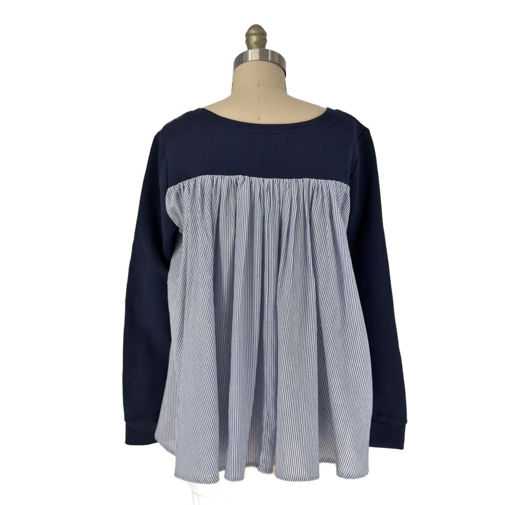 NEW Kensie Jeans Layer Look Ruffle Back Sweatshirt sz Medium Navy Pinstripe - Picture 4 of 8